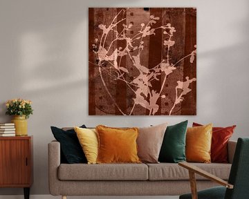 Flowers and abstract shapes in rusty dark brown. by Dina Dankers