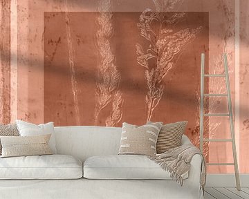 Plants and abstract shapes in coral brown. by Dina Dankers