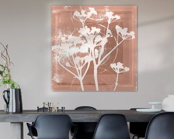 Flowers and abstract shapes in warm coral brown. by Dina Dankers