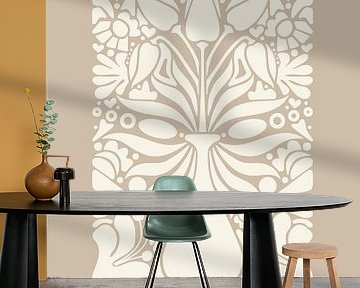 Grafische kunst Tulpen in Vaas – Beige – Woonkamer & Slaapkamer - Minimalistisch interieur – Abstract van Design by Pien