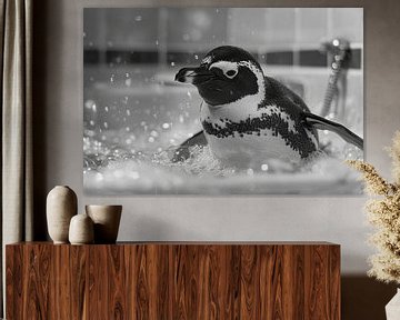 Cheerful penguin in the bath - an enchanting bathroom picture for your WC by Felix Brönnimann