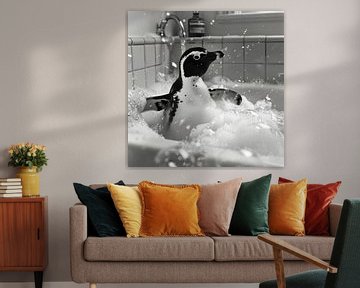 Cheerful penguin in the bath - an enchanting bathroom picture for your WC by Felix Brönnimann