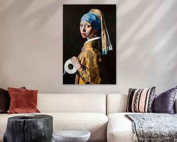 Moderne Vermeer: Het meisje met de pareldoek en de wc-rol | Amusante badkamer elegantie van Poster Art Shop