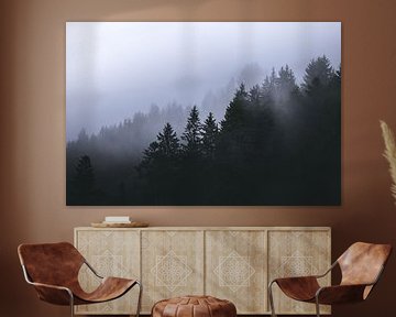 Mistig bos in Oostenrijk | misty mountains | koele kleuren | mood van Laura Dijkslag