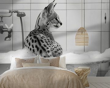 Serval in de badkuip - Een charmant badkamerkunstwerk voor je WC van Felix Brönnimann