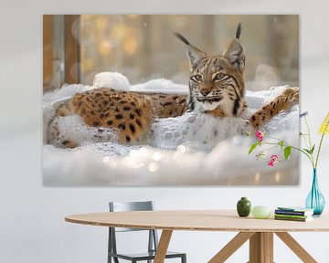 Ontspannen Euraziatische lynx in bad - een fascinerend badkamerkunstwerk voor je toilet van Felix Brönnimann