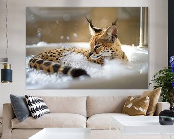 Eleganter Serval in der Badewanne - Ein anmutiges Badezimmerkunstwerk für Ihr WC