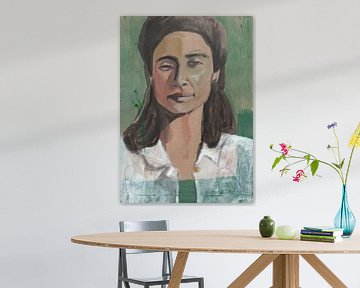 Portret vrouw met groene achtergrond op karton van Renske