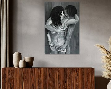 Ontwaak mijn ziel schilderij grijs tinten passie man en vrouw van Krista Kitsz Art