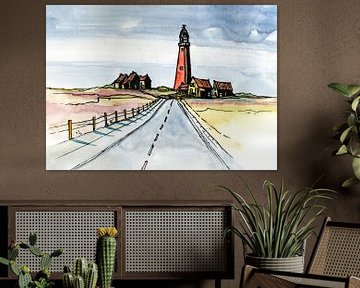 Texel Eierland Lighthouse | Peinture à l'aquarelle faite à la main sur WatercolorWall