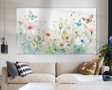 HighKey schilderij: Veldbloemen en vlinders in het gras van Studio Pieternel