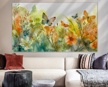 Zonnig schilderij: Bloemen en fladderende vlinders in de border van Studio Pieternel