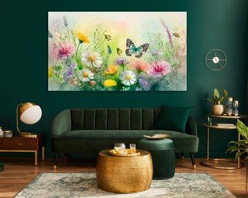 Zomers schilderij van bloemen en vlinders in het gras van Studio Pieternel