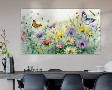 Pastelkleurig bloemenschilderij:  Veldbloemen en vlinders in  de berm van Studio Pieternel