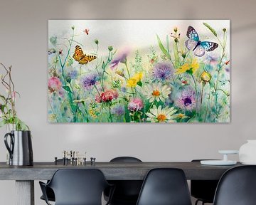 Pastelkleurig bloemenschilderij:  Veldbloemen en vlinders in  de berm van Studio Pieternel