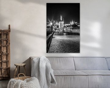 Charles Bridge with Malá Strana Bridge Tower by night - Monochrome by Melanie Viola