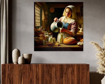 Milkmaid by Johannes Vermeer bakes an Easter bread. Popart by Ineke de Rijk