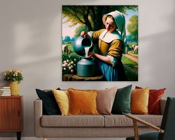 Vermeer's Milkmaid fetches her own milk. Pop art by Ineke de Rijk