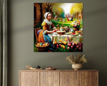 Paasontbijt  in de tijd van Johannes Vermeer. Popart. van Ineke de Rijk