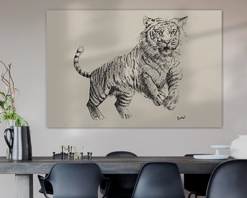 Potlood tekening van een tijger met taupe achtergrond van Emiel de Lange