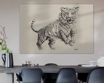 Dessin au crayon d'un tigre sur fond taupe sur Emiel de Lange