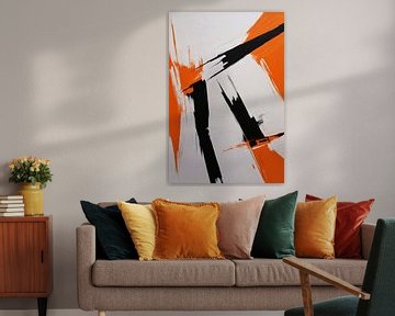 Abstraction dynamique en noir, blanc et orange sur De Muurdecoratie