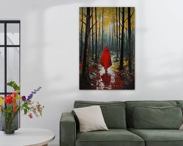 Personnage solitaire dans une forêt d'automne avec une cape rouge sur De Muurdecoratie