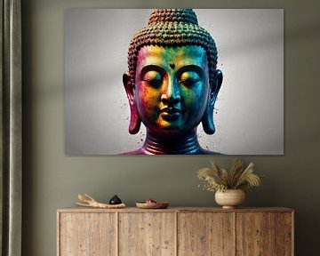 La tête de bouddha dans une surprenante explosion de couleurs sur De Muurdecoratie