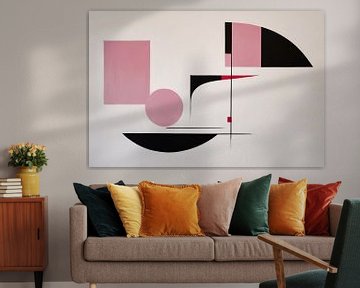 Composition géométrique abstraite en rose et noir sur De Muurdecoratie
