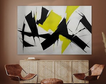 Abstrait dynamique noir, blanc et jaune sur De Muurdecoratie