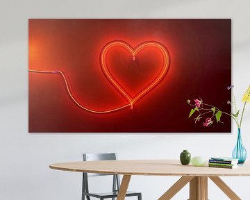 Helder hart. Neon teken. Retro neon hartteken op paarse achtergrond. Ontwerpelement voor Happy Valentine's Day. Klaar voor je ontwerp, wenskaart, banner. Vectorillustratie. van de-nue-pic