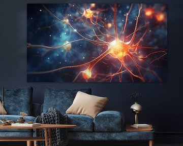 Neuronaal netwerk met elektrische activiteit van neuroncellen 3D rendering illustratie. Neurowetenschappen, neurologie, zenuwstelsel en impulsen, hersenactiviteit, microbiologie concepten. Visie van kunstenaar. van de-nue-pic
