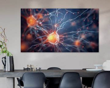 Neuronaal netwerk met elektrische activiteit van neuroncellen 3D rendering illustratie. Neurowetenschappen, neurologie, zenuwstelsel en impulsen, hersenactiviteit, microbiologie concepten. Visie van kunstenaar. van de-nue-pic