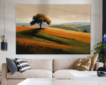 Solitary tree against colourful hilly landscape by De Muurdecoratie