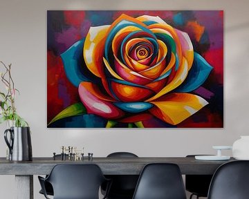 Rose abstraite colorée dans des tons vifs sur De Muurdecoratie