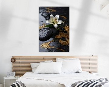 White lily with golden sheen on black by De Muurdecoratie