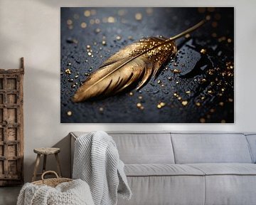 Glänzende Goldfeder auf schwarzem Hintergrund von De Muurdecoratie