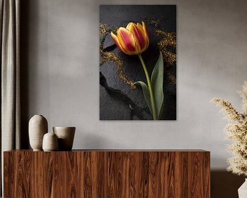 Tulipe rouge et jaune avec paillettes d'or sur De Muurdecoratie