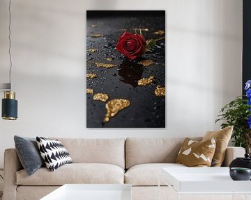 Elegant Red Rose on Black Marble by De Muurdecoratie