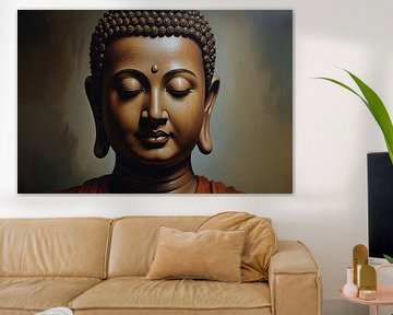 Gelassener Buddha in monochromen Sepia-Tönen von De Muurdecoratie