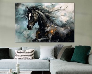 Abstracte artistieke achtergrond met een zwart paard, in olieverf ontwerp van Animaflora PicsStock