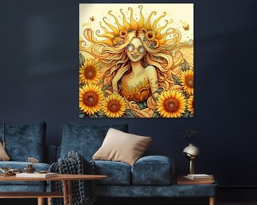 Meisje met zonnebloemen van Digital Art Nederland