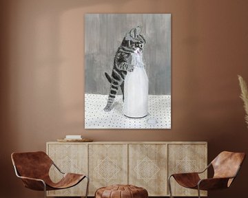 Kattenschilderij kitten drinkt uit melkfles van Nelleke Bruno