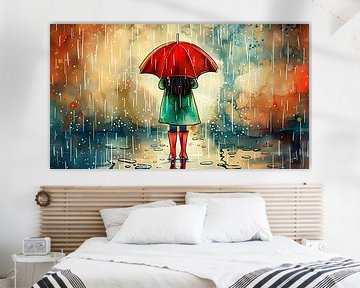 Fille avec parapluie et bottes rouges sous la pluie sur Jan Bechtum