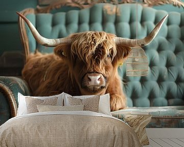 Schotse Hooglanders ontspannen op een groene bank van Beefboy