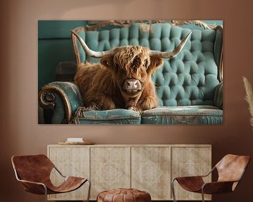 Scottish Highland cattle relaxing on a green couch by Beefboy