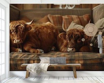 Twee jonge Schotse Hooglanders chillen op de bank van Beefboy