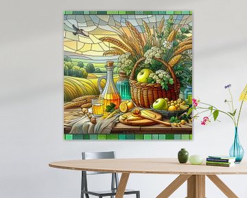 Goed gevulde picknick tafel in glas in lood stijl van Digital Art Nederland