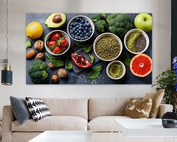 Healthy food clean eating selection: fruit, vegetable, seeds, superfood, cereals, leaf vegetable on gray  copy space von de-nue-pic
