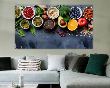 Gezond eten clean eating selectie: fruit, groente, zaden, superfood, granen, bladgroente op grijze kopieerruimte van de-nue-pic